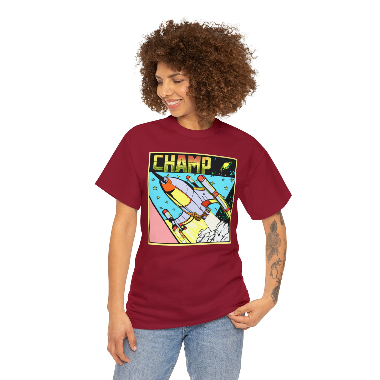 CHAMP Logo Spaceship 1 - 1980's Comic Book Style - AI Art - Gildan Heavy Cotton Tee