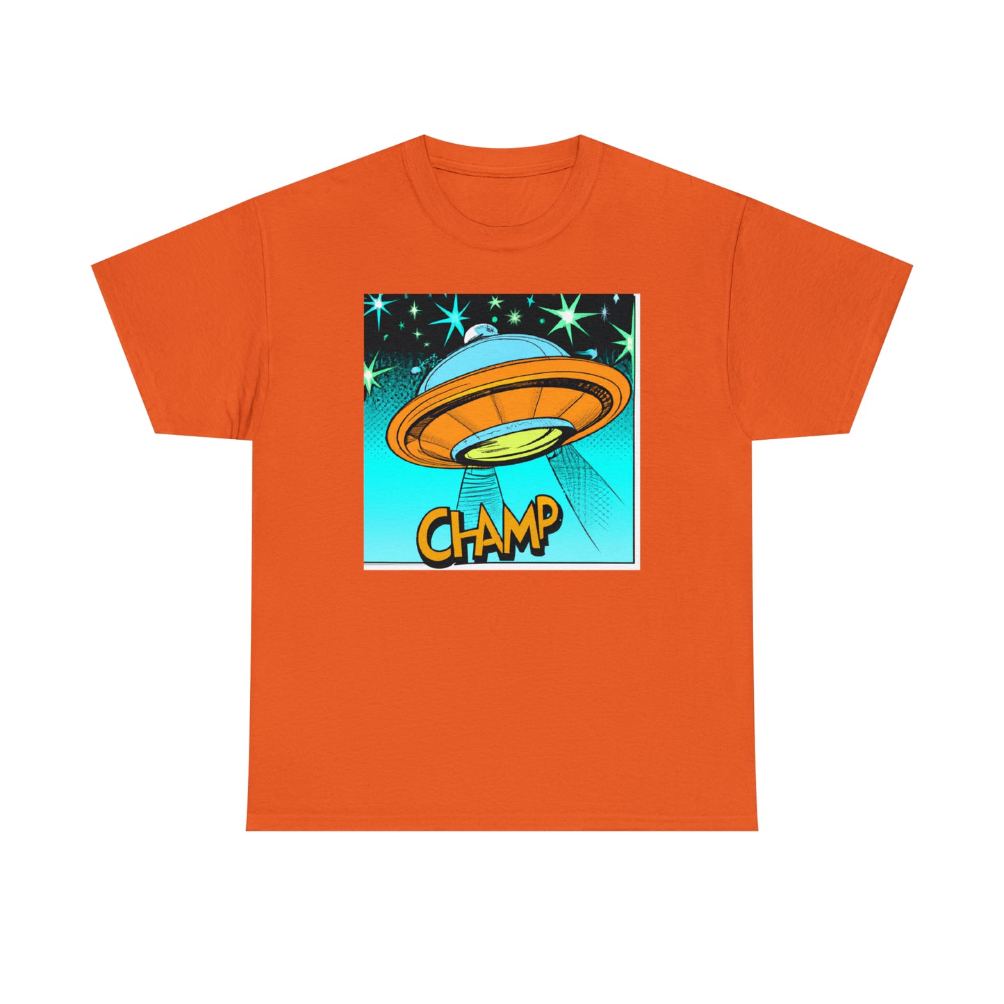 CHAMP Logo UFO 2 - 1960's Comic Book Style - AI Art - Gildan Heavy Cotton Tee