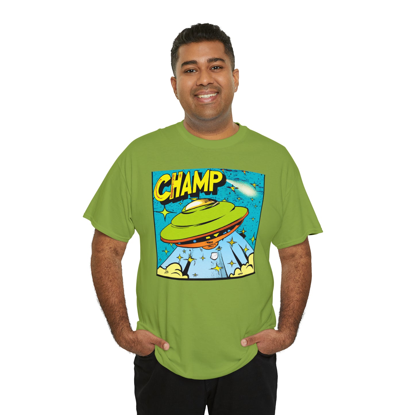 CHAMP UFO 25 - 1970's Style Comic Book Art - AI Art - Gildan Heavy Cotton Tee