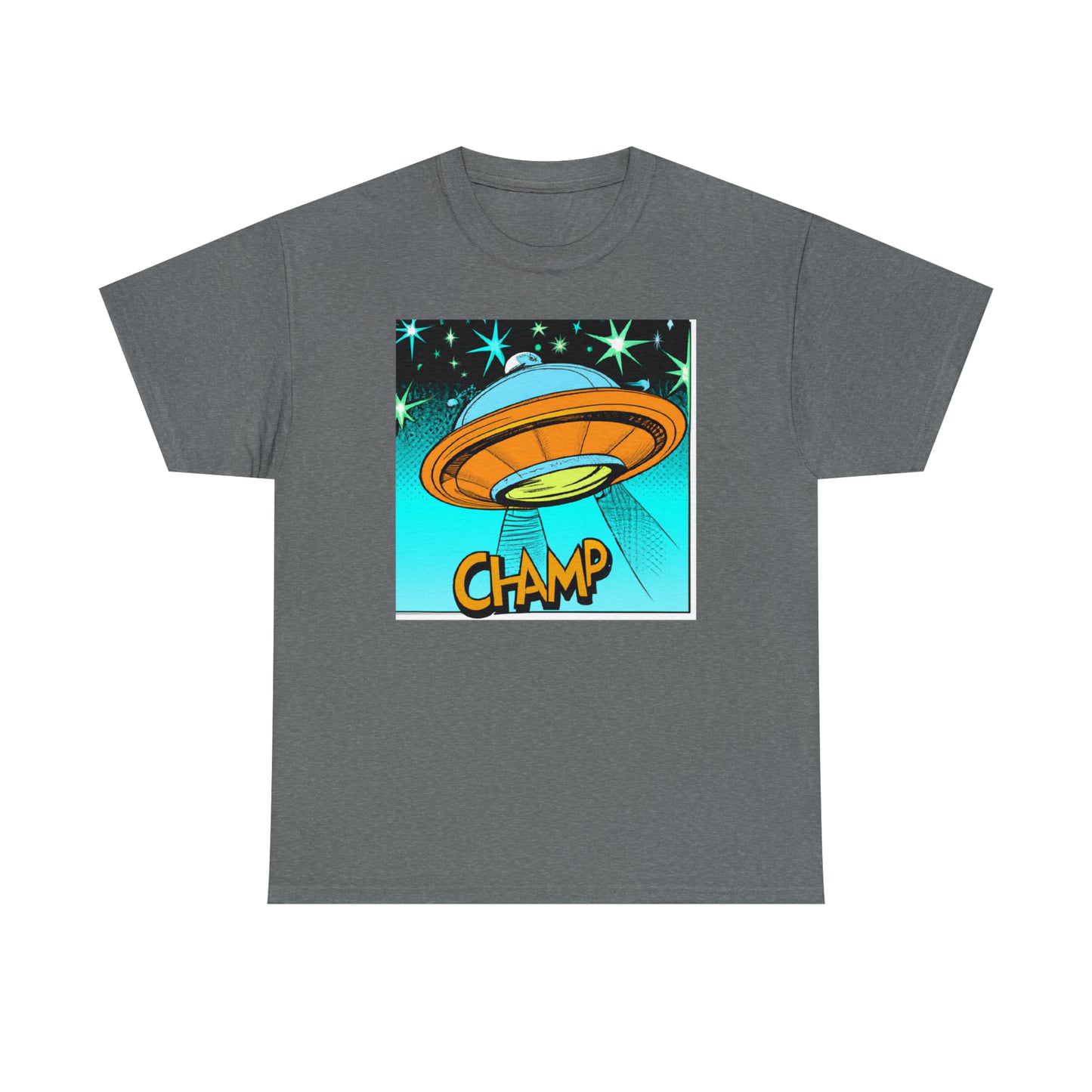 CHAMP Logo UFO 2 - 1960's Comic Book Style - AI Art - Gildan Heavy Cotton Tee