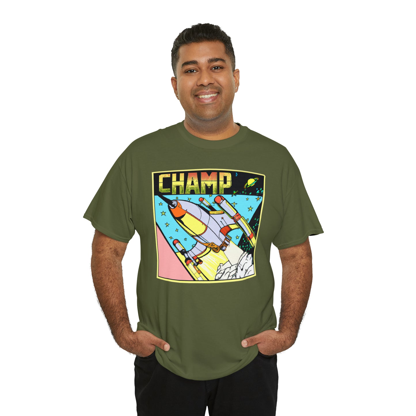 CHAMP Logo Spaceship 1 - 1980's Comic Book Style - AI Art - Gildan Heavy Cotton Tee