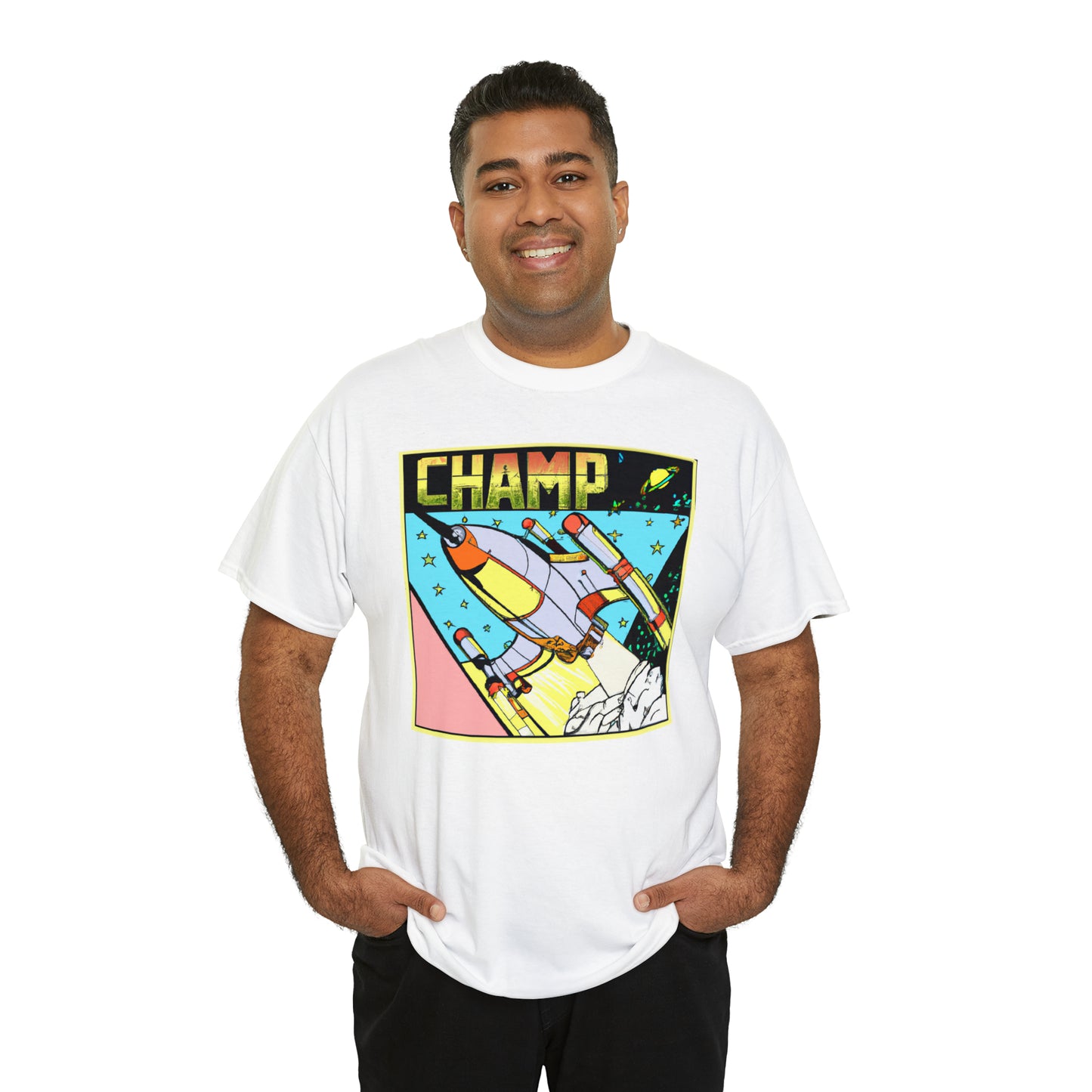 CHAMP Logo Spaceship 1 - 1980's Comic Book Style - AI Art - Gildan Heavy Cotton Tee