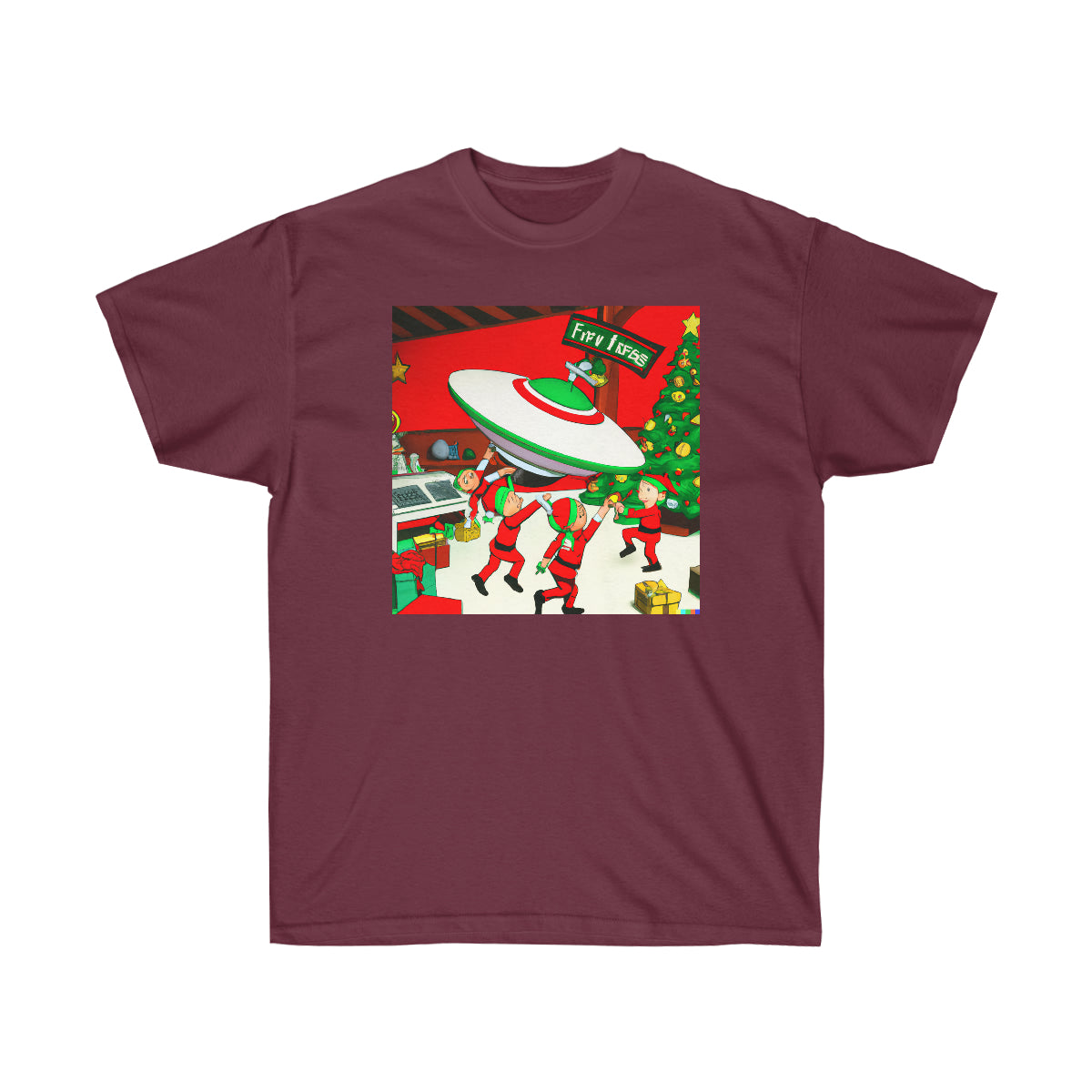 Santa's Workshop Elves Build UFO - AI Cartoon Art - Ultra Cotton Tee