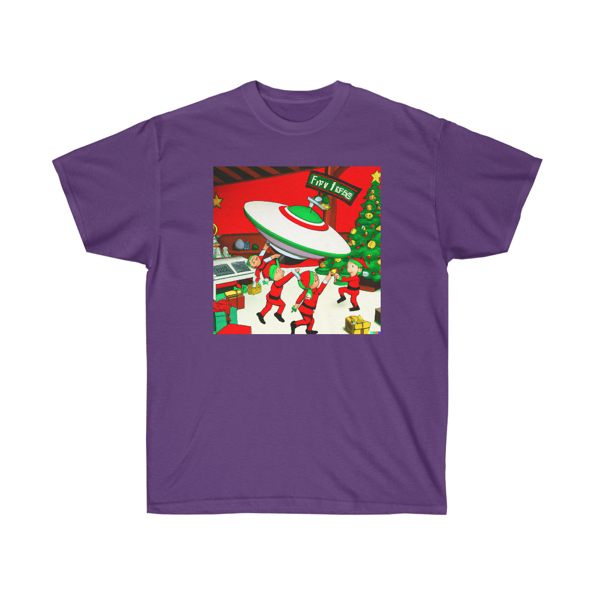 Santa's Workshop Elves Build UFO - AI Cartoon Art - Ultra Cotton Tee