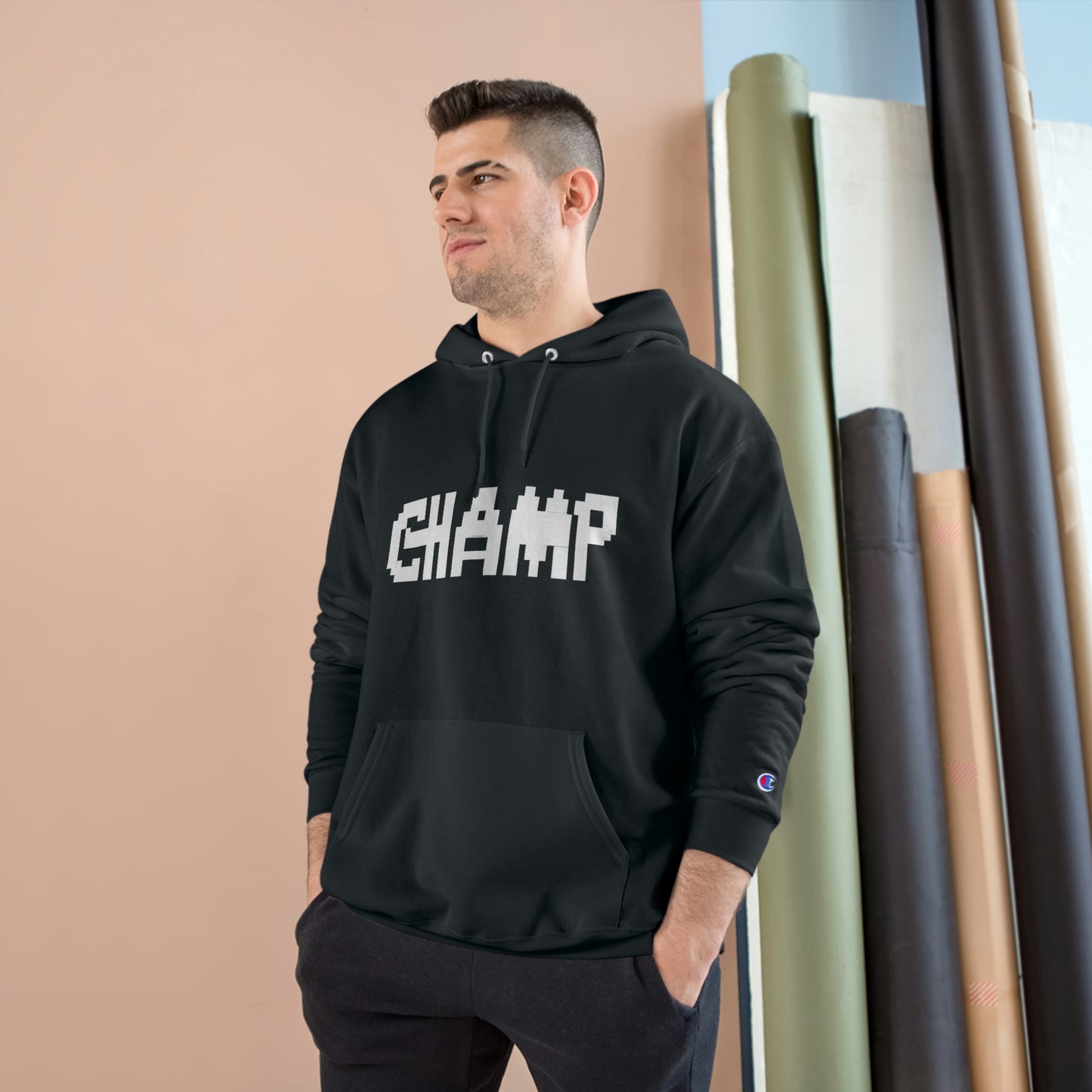 CHAMP Logo 9 B&W (8-bit Pixel Art) - AI Art - Champion Hoodie