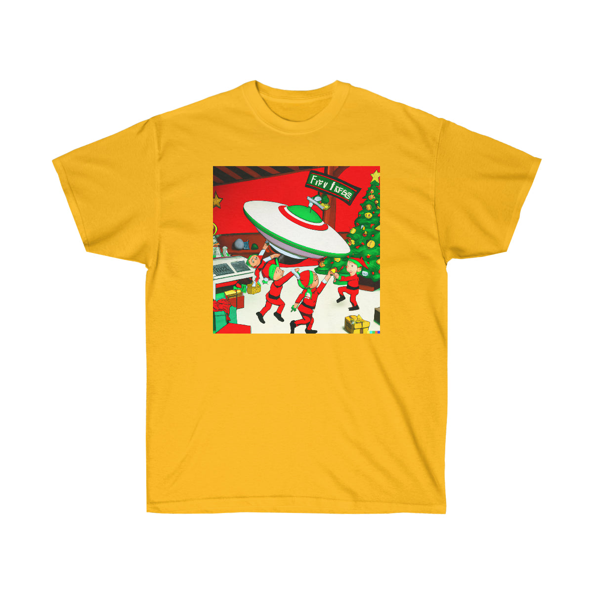 Santa's Workshop Elves Build UFO - AI Cartoon Art - Ultra Cotton Tee