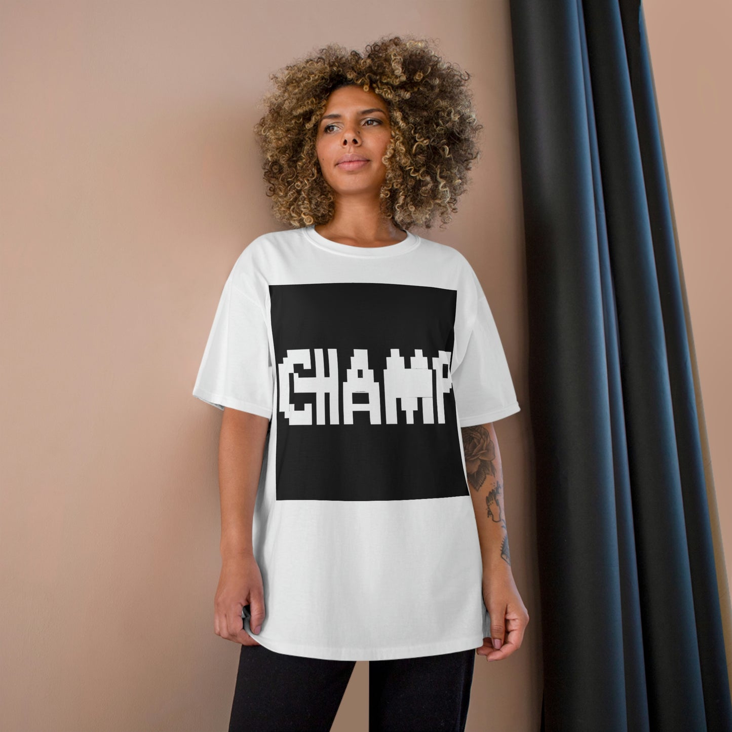 CHAMP Logo 9 B&W (8-bit Pixel Art) - AI Art - Champion T-Shirt