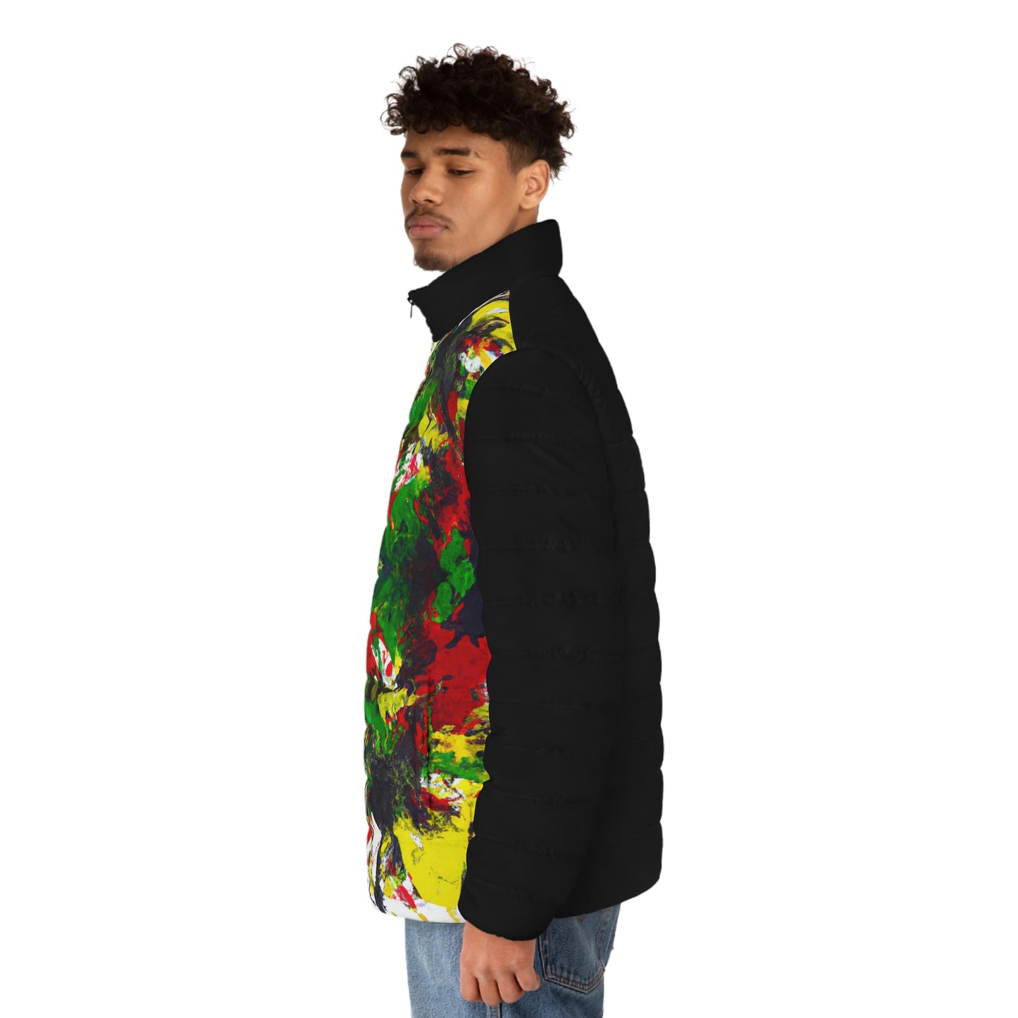 Rasta Acrylic Splatter 3 Spaceballer Jacket (Black) -  AI Art - Men's Puffer Jacket