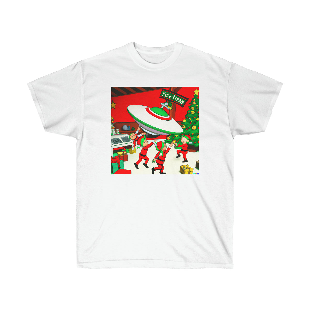 Santa's Workshop Elves Build UFO - AI Cartoon Art - Ultra Cotton Tee