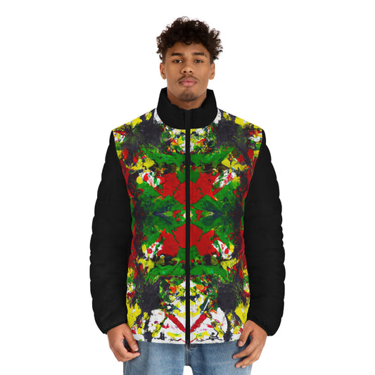 Rasta Acrylic Splatter 3 Spaceballer Jacket (Black) -  AI Art - Men's Puffer Jacket