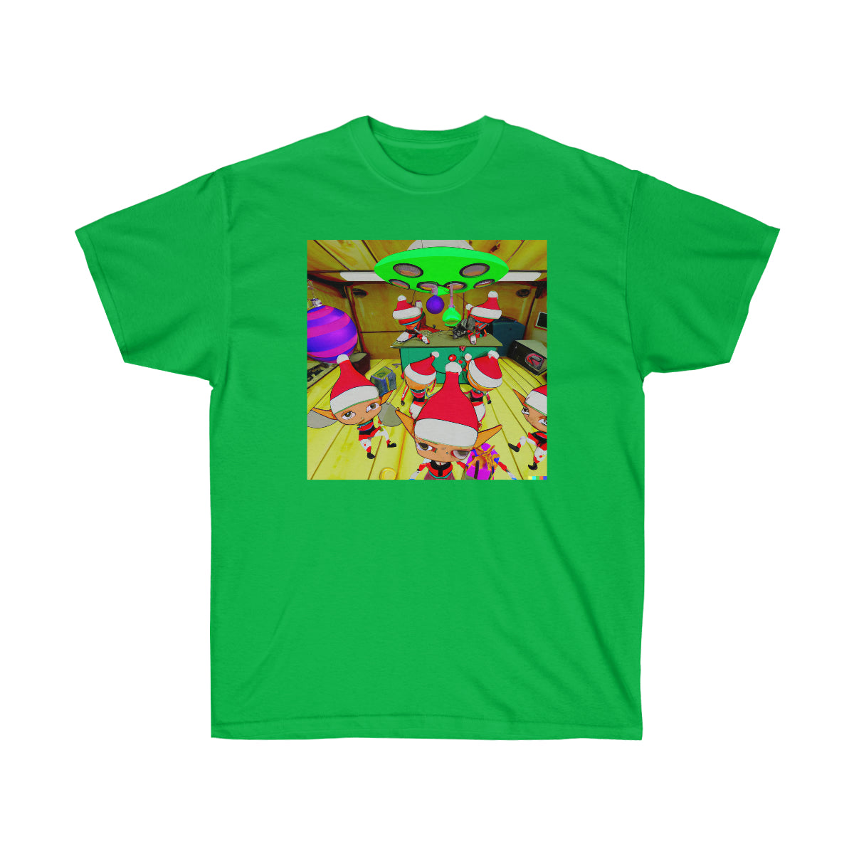 Santa's Elves Build Flying Saucer - AI Cartoon Art -  Ultra Cotton Tee