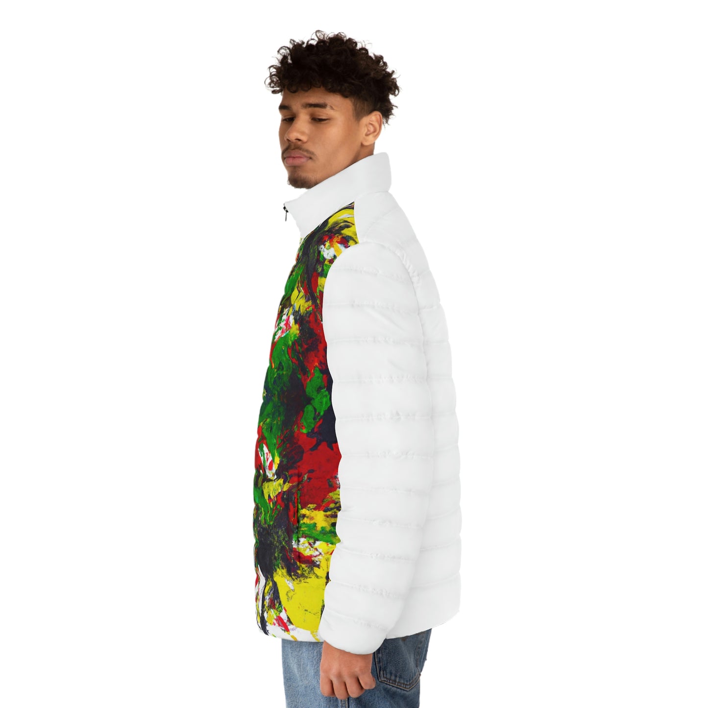 Rasta Acrylic Splatter 3 Spaceballer Jacket (White) -  AI Art - Men's Puffer Jacket