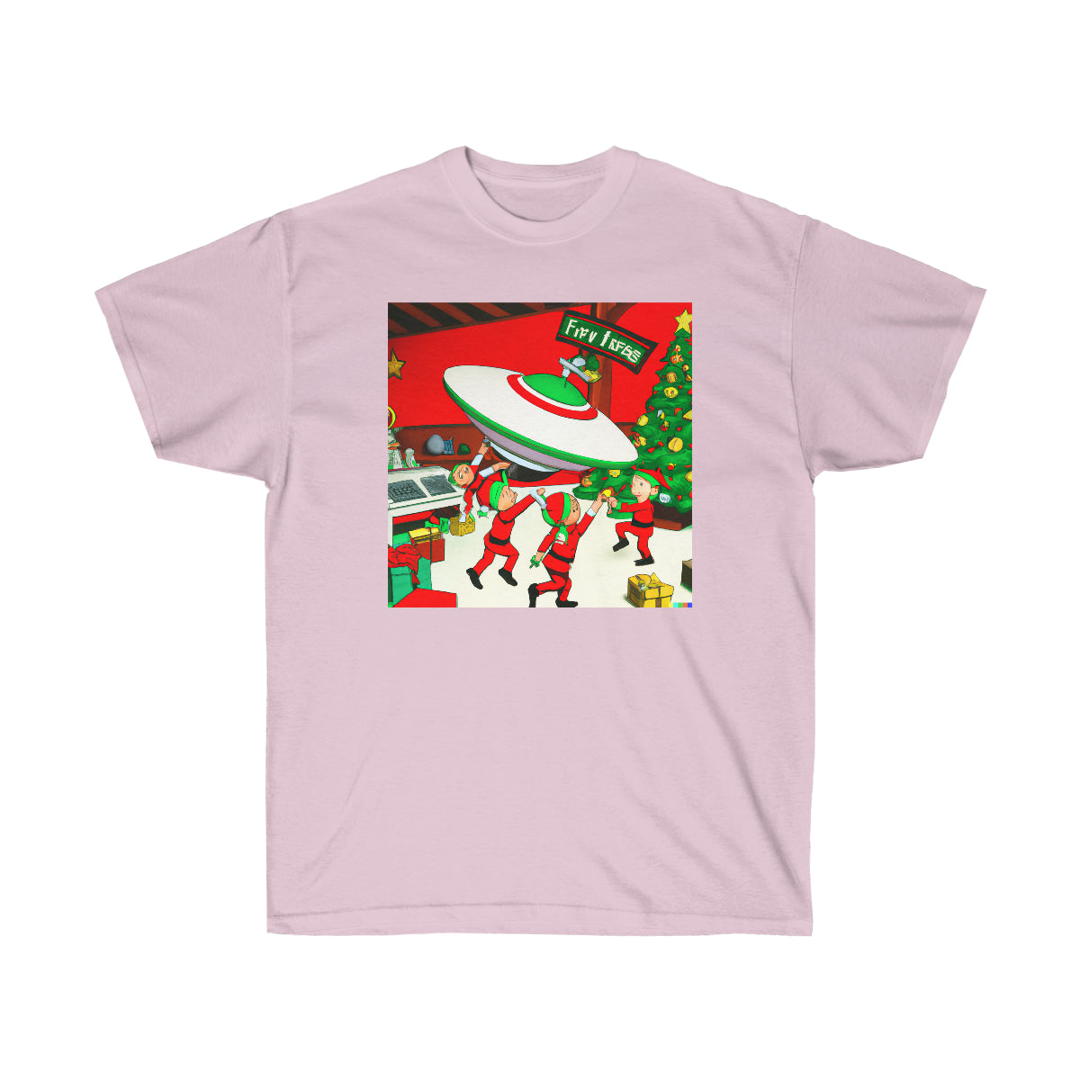 Santa's Workshop Elves Build UFO - AI Cartoon Art - Ultra Cotton Tee