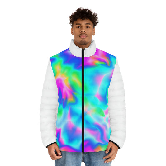 Flamboyant Spaceballer Jacket (White) (Hyperwave Tie-Dye 1) - AI Art - Men's Puffer Jacket