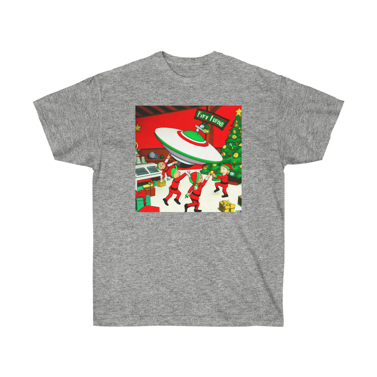 Santa's Workshop Elves Build UFO - AI Cartoon Art - Ultra Cotton Tee