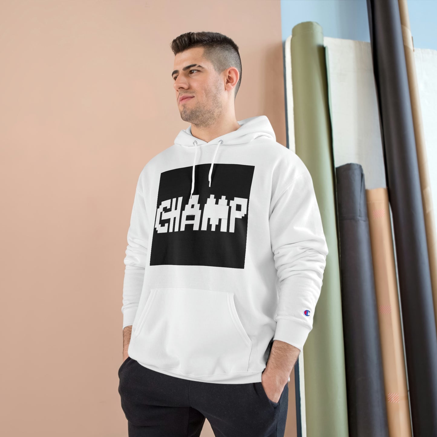 CHAMP Logo 9 B&W (8-bit Pixel Art) - AI Art - Champion Hoodie