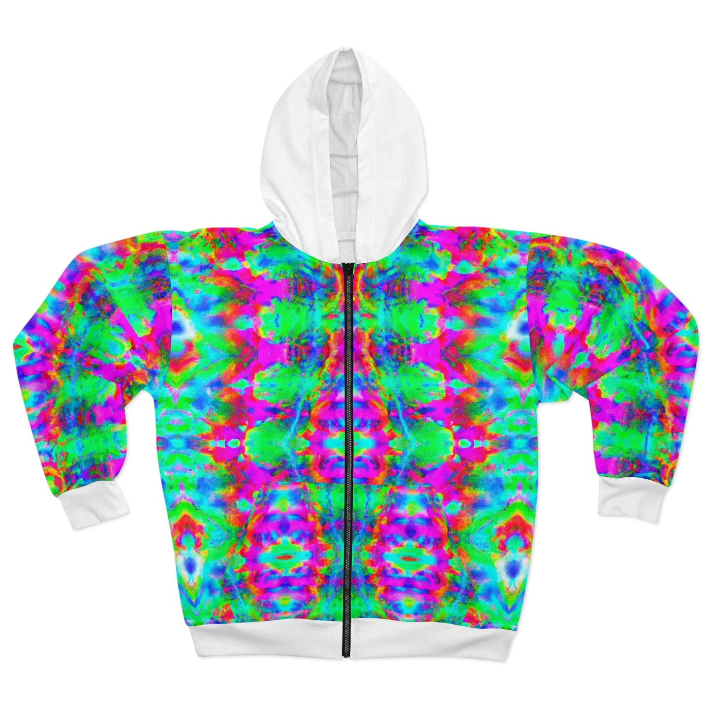 Hyperwave Tie-Dye 5 (White Hood) - AI Art - Zip Hoodie