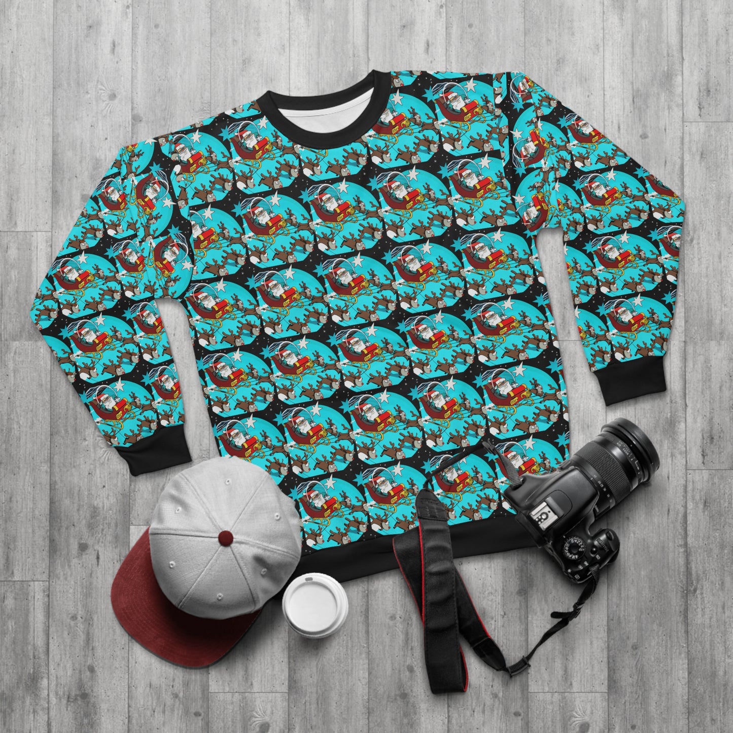 Santa & Reindeer Cruising in Orbit- AI Cartoon Art - Christmas and Holiday Party Sweatshirt