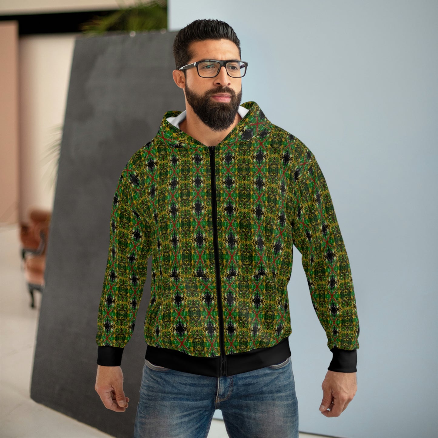 RastaX 1 (Fully Patterned Hood) - AI Art - Zip Hoodie