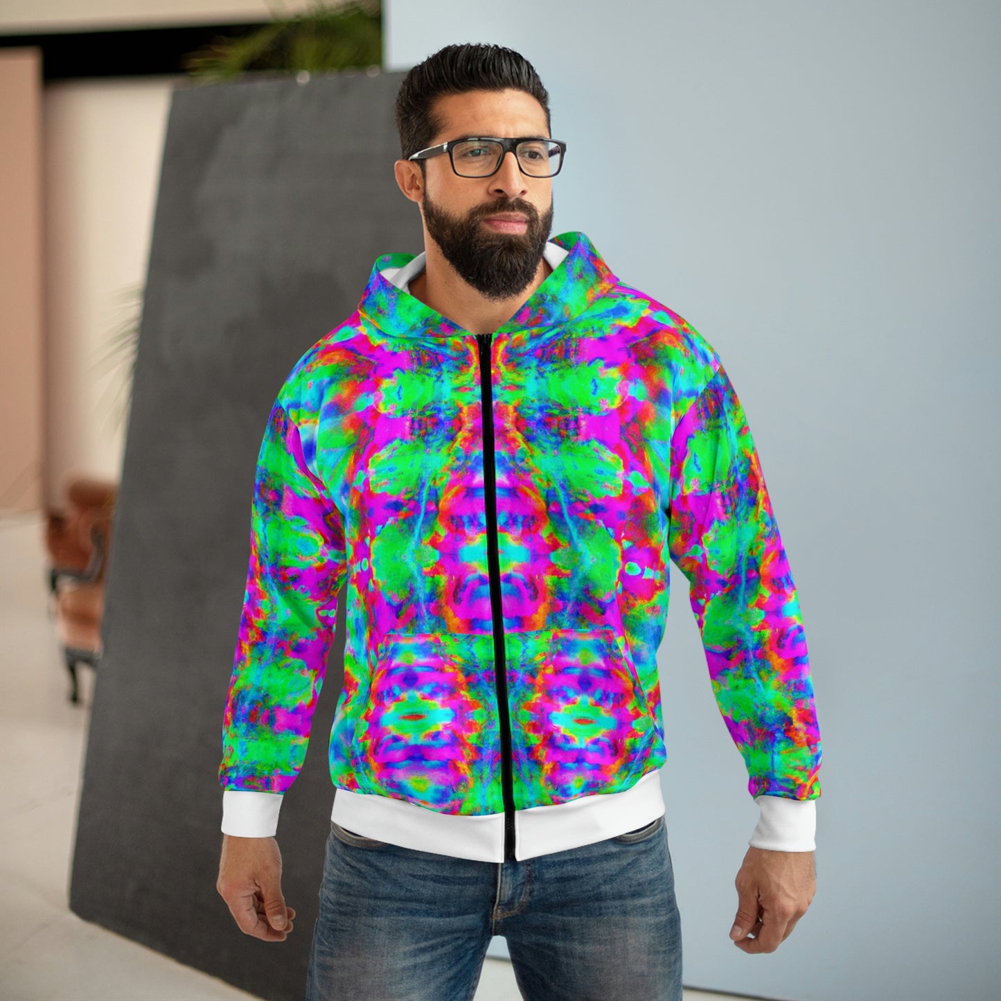 Hyperwave Tie-Dye 5 (Fully Patterned Hood) - AI Art - Zip Hoodie