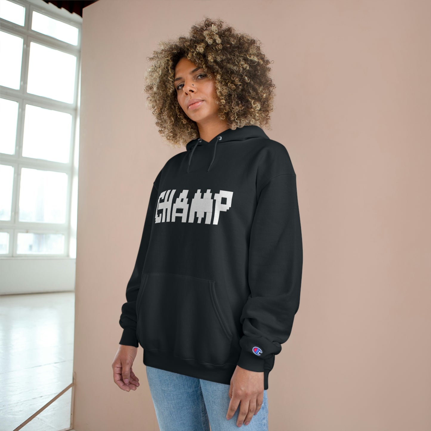 CHAMP Logo 9 B&W (8-bit Pixel Art) - AI Art - Champion Hoodie