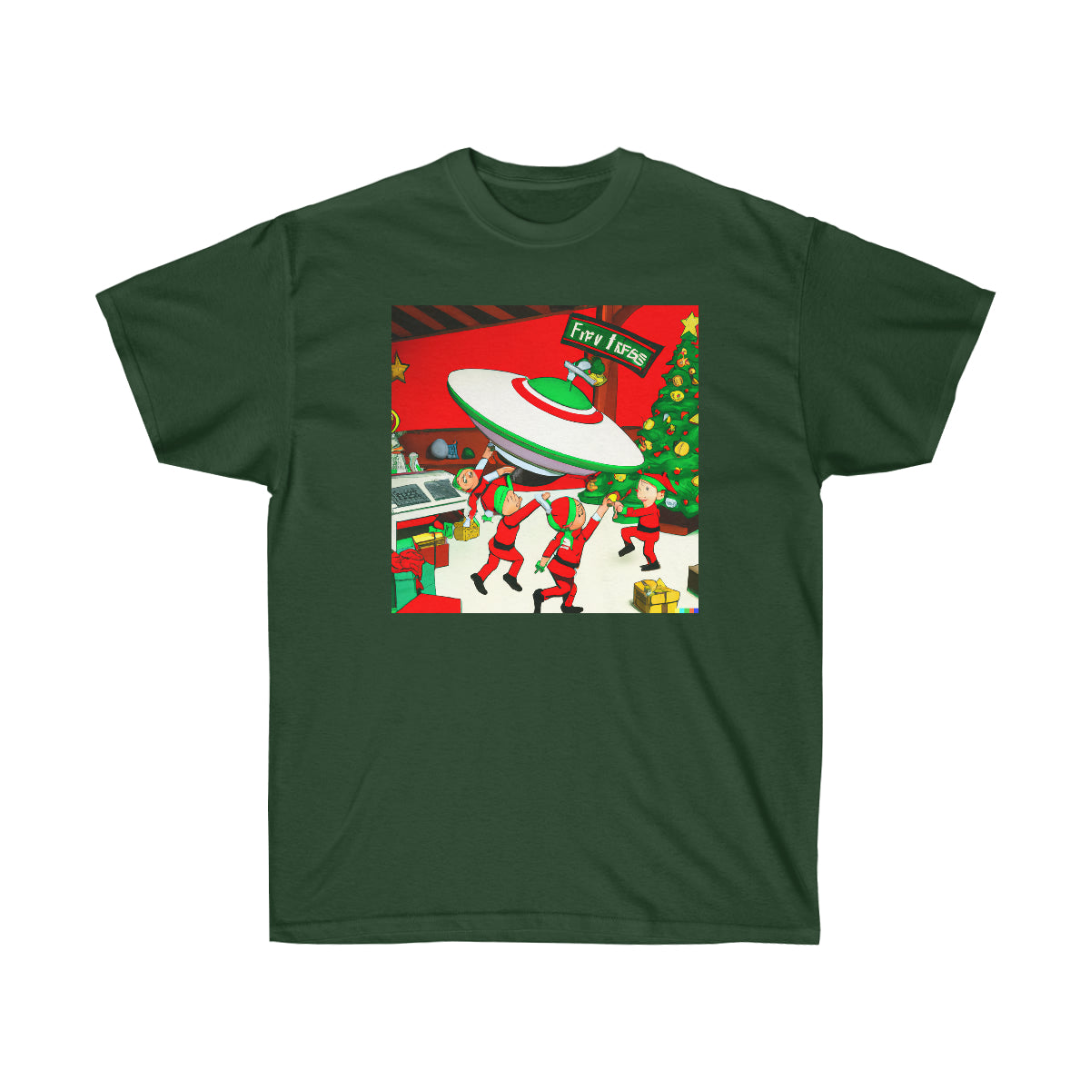 Santa's Workshop Elves Build UFO - AI Cartoon Art - Ultra Cotton Tee